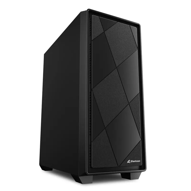 Caja de PC Sharkoon VS8 ATX negra en vista frontal-izquierda con diseño geométrico de rombos texturizados y lisos, logo