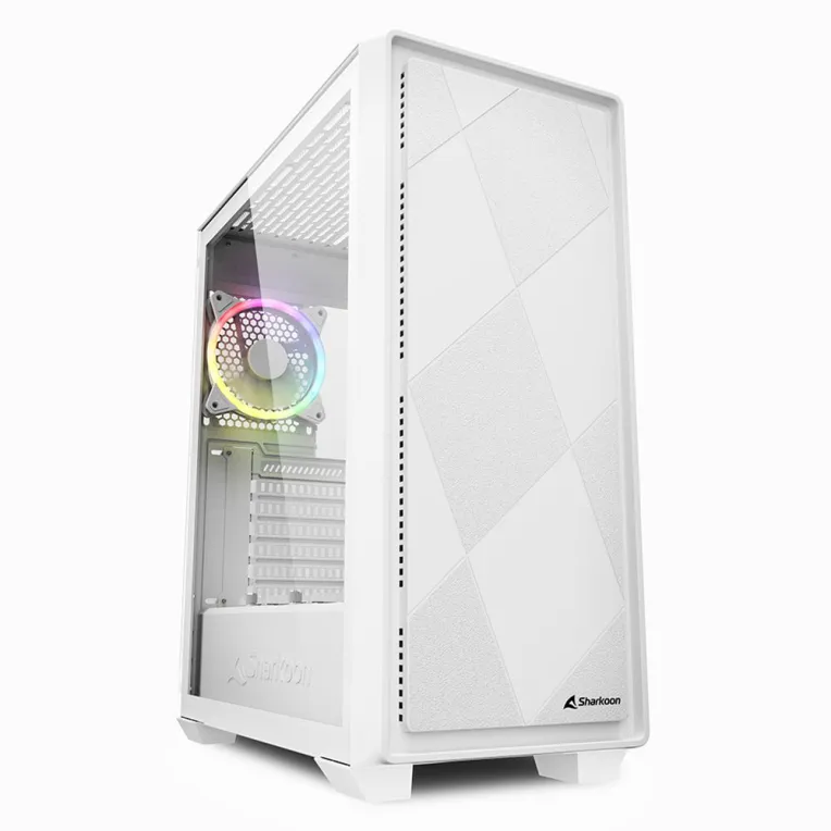 Белый корпус Sharkoon VS8 RGB ATX с закаленным стеклом, геометрическим узором на передней панели и подсвеченным