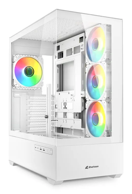 Weißes ATX-Gehäuse Sharkoon AK6 RGB mit Glas-Seitenpanel und vier leuchtenden RGB-Lüftern in Regenbogenfarben – Weißes ATX-Gehäuse Sharkoon AK6 RGB mit Glas-Seitenpanel und vier leuchtenden RGB-Lüftern in Regenbogenfarben –