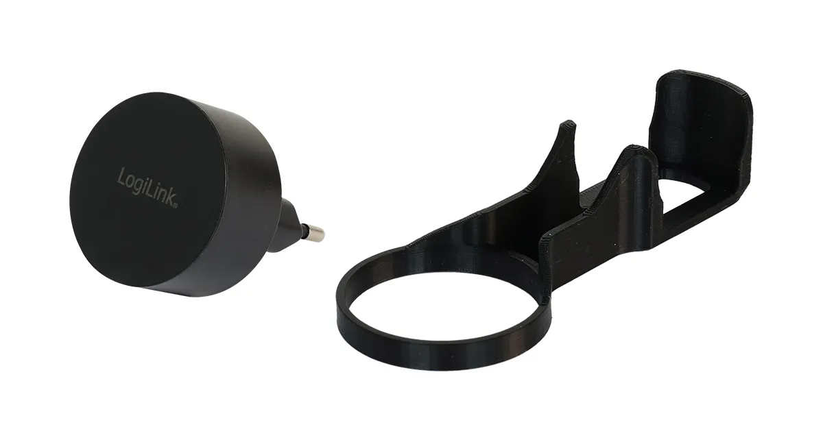 Kit de expansión Shelly H&T negro con adaptador LogiLink de enchufe europeo y soporte 3D impreso con anillo y base en U.