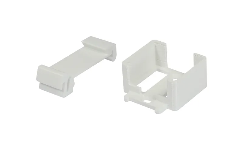 Supporto combinabile per Shelly MINI su parete o guida DIN, due staffe bianche in plastica con clip e fori di fissaggio su