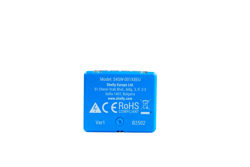 Modulo relè Shelly 1 Mini Gen4 retro con testo bianco, certificazioni CE e RoHS, compatibile WLAN, Matter e Zigbee.