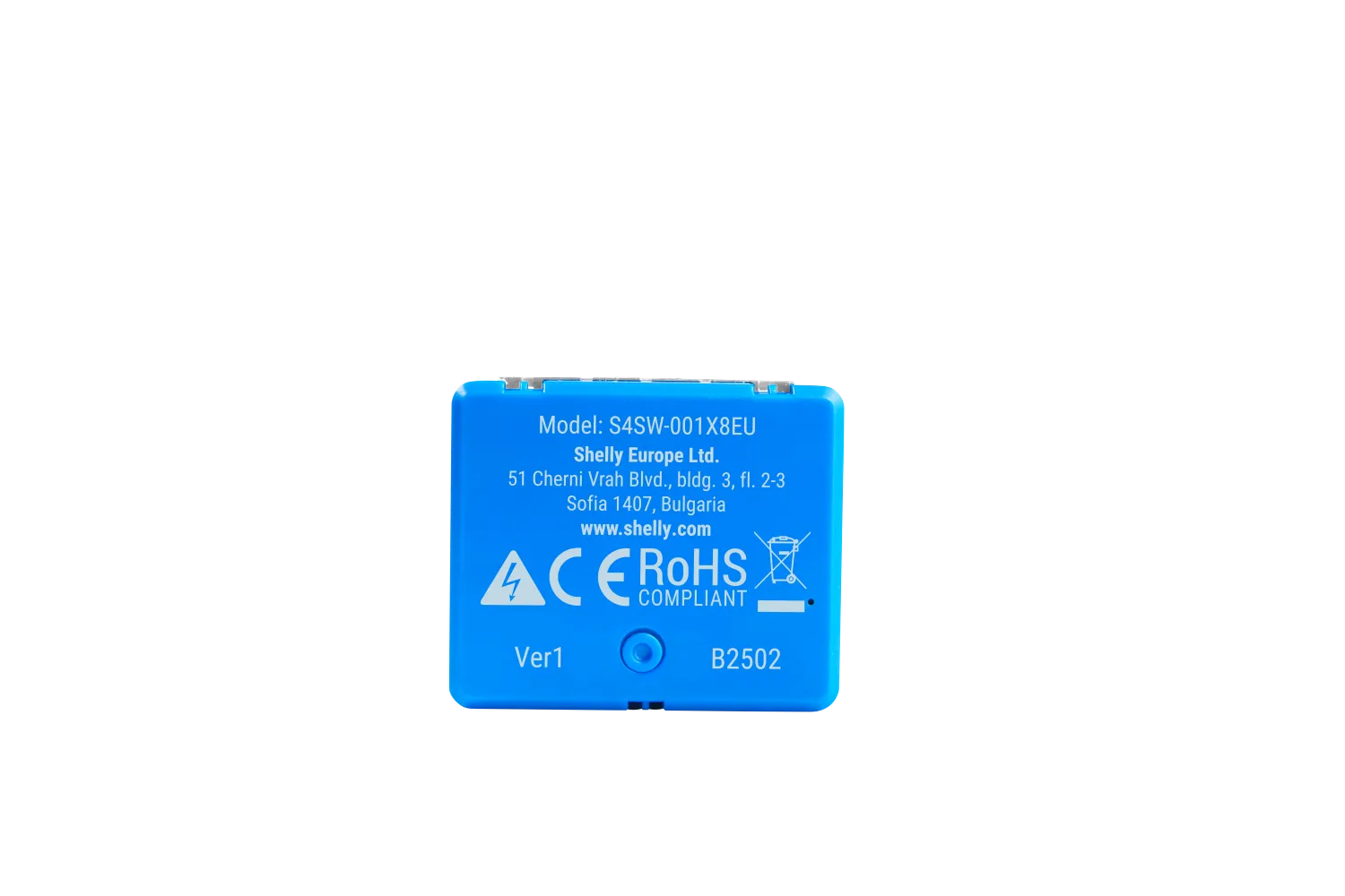 Modulo relè Shelly 1 Mini Gen4 retro con testo bianco, certificazioni CE e RoHS, compatibile WLAN, Matter e Zigbee. Modulo relè Shelly 1 Mini Gen4 retro con testo bianco, certificazioni CE e RoHS, compatibile WLAN, Matter e Zigbee.