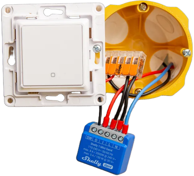 Shelly · Unterputz · "1 Mini Gen4" · Relais · max 8A · 1 Kanal · WLAN · Matter · Zigbee · Bluetooth Shelly · Unterputz · "1 Mini Gen4" · Relais · max 8A · 1 Kanal · WLAN · Matter · Zigbee · Bluetooth