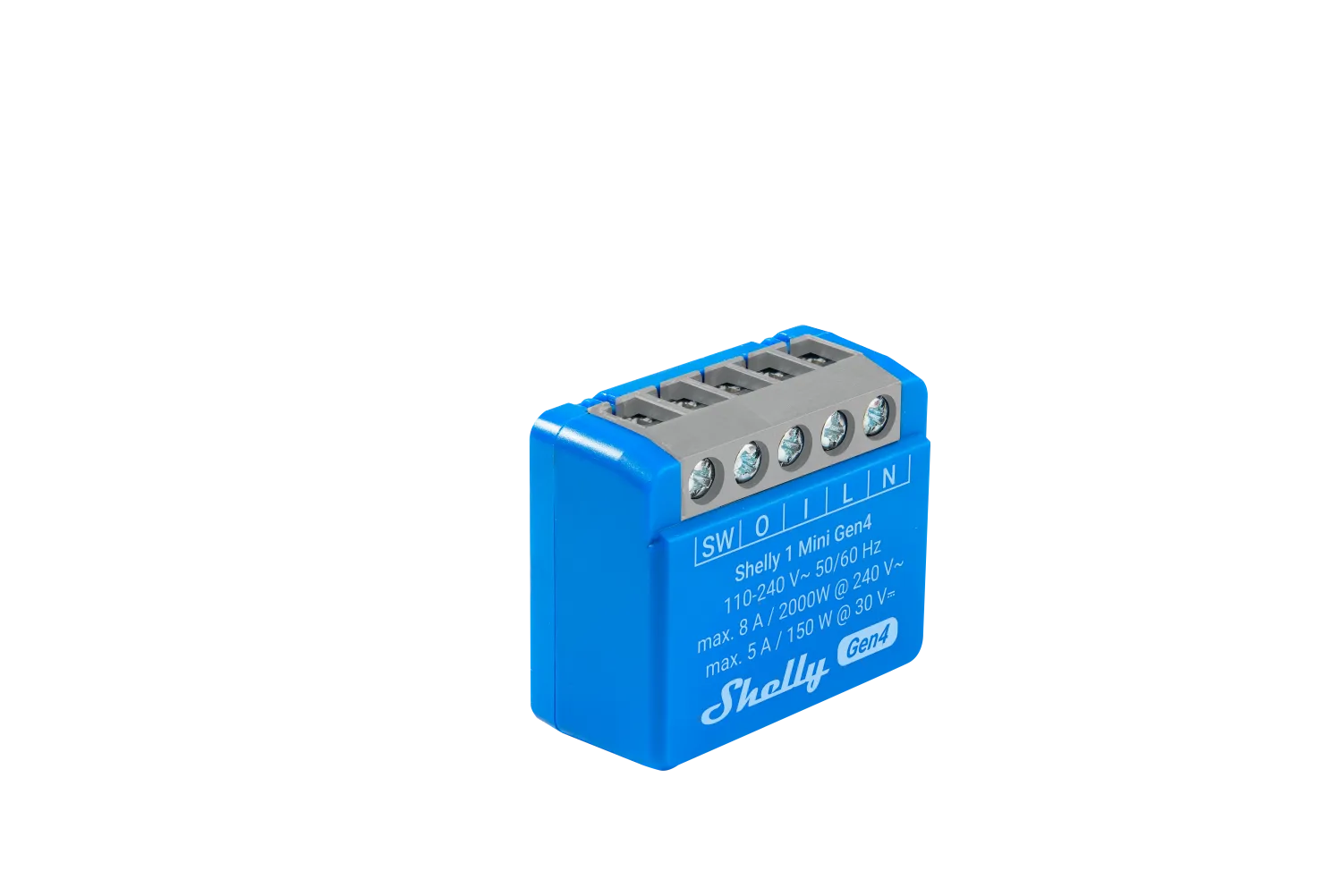 Modulo relè Shelly 1 Mini Gen4 blu con terminali a vite, specifiche elettriche e logo, compatibile WLAN, Matter, Zigbee e Modulo relè Shelly 1 Mini Gen4 blu con terminali a vite, specifiche elettriche e logo, compatibile WLAN, Matter, Zigbee e