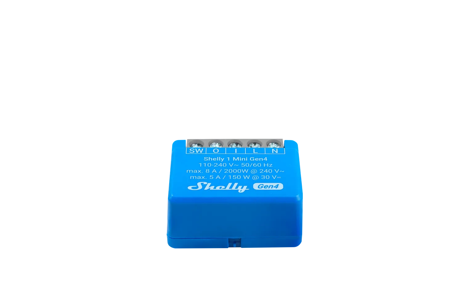 Modulo relè Shelly 1 Mini Gen4 blu con terminali SW, O, I, L, N per installazione sottotraccia WLAN Matter Zigbee Bluetooth. Modulo relè Shelly 1 Mini Gen4 blu con terminali SW, O, I, L, N per installazione sottotraccia WLAN Matter Zigbee Bluetooth.