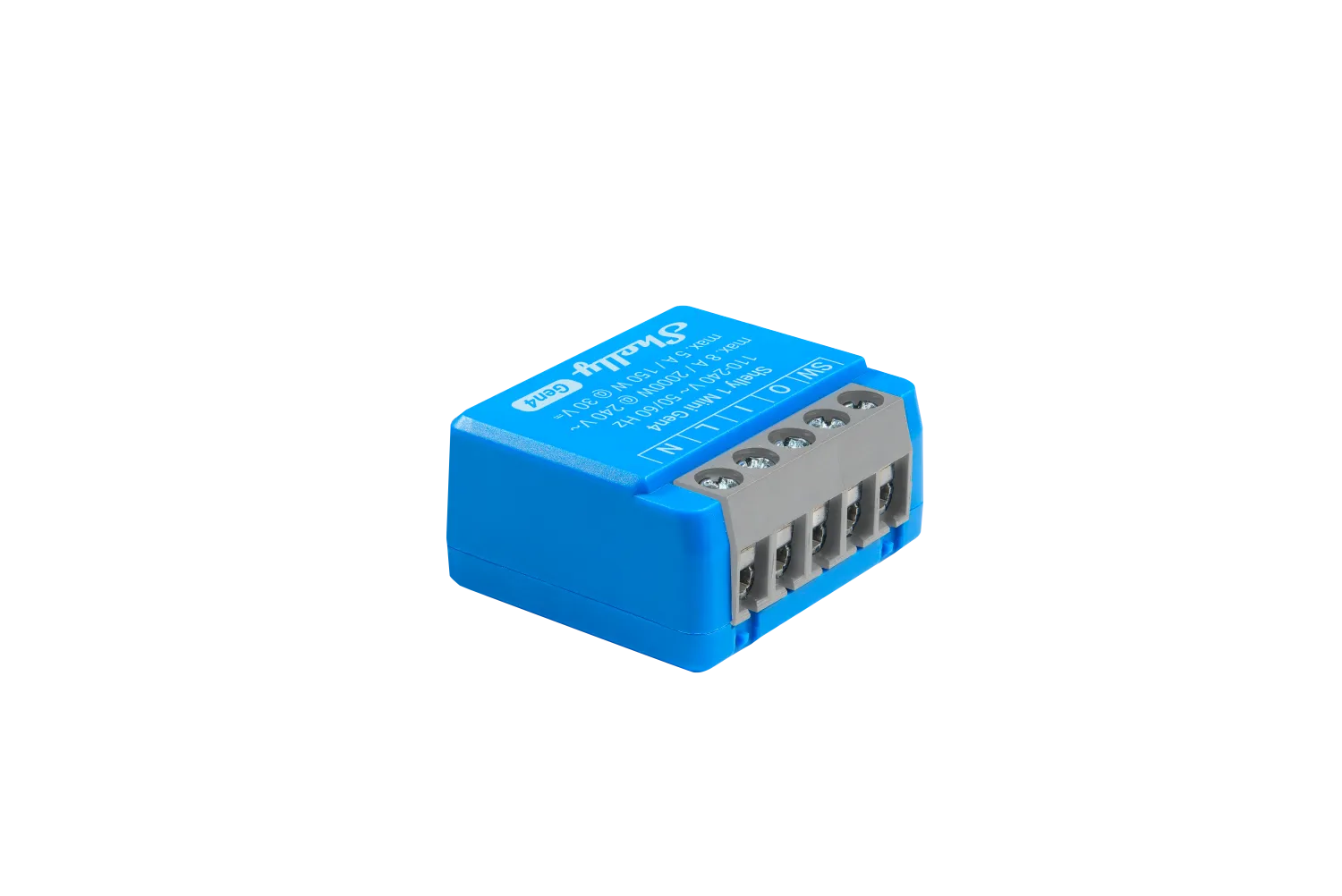 Modulo relè Shelly 1 Mini Gen4 WLAN Matter Zigbee Bluetooth, dispositivo rettangolare blu con terminali a vite e specifiche Modulo relè Shelly 1 Mini Gen4 WLAN Matter Zigbee Bluetooth, dispositivo rettangolare blu con terminali a vite e specifiche