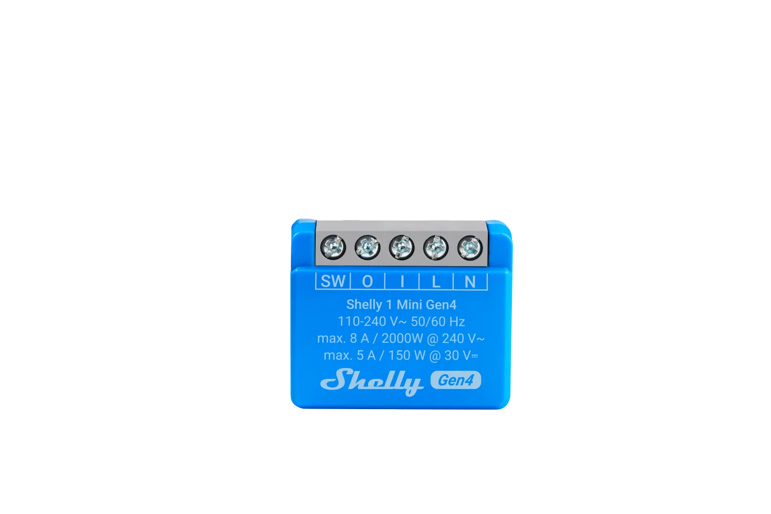 Modulo relè Shelly 1 Mini Gen4 blu con terminali a vite, specifiche elettriche e logo per automazione domestica WLAN Matter Modulo relè Shelly 1 Mini Gen4 blu con terminali a vite, specifiche elettriche e logo per automazione domestica WLAN Matter