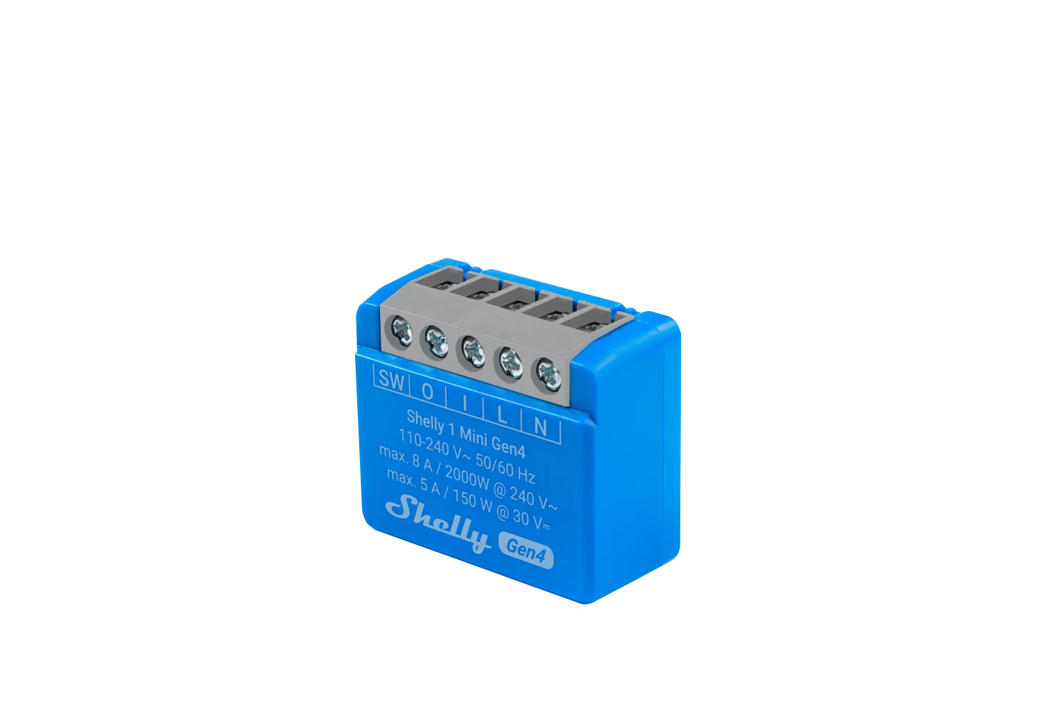 Modulo relè Shelly 1 Mini Gen4 blu con terminali a vite, specifiche tecniche e logo, per automazione domestica WLAN Matter Modulo relè Shelly 1 Mini Gen4 blu con terminali a vite, specifiche tecniche e logo, per automazione domestica WLAN Matter