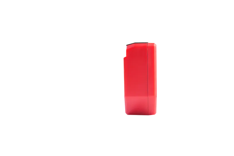 Módulo relé Shelly 1PM Gen4 4er Pack en rojo, perfil lateral sobre fondo blanco, WLAN, Matter, Zigbee y Bluetooth para