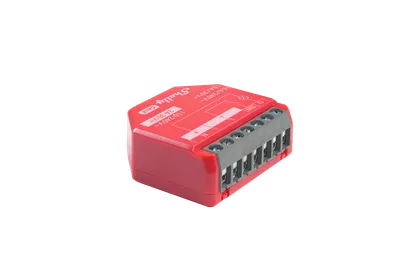 Módulo relé Shelly 1PM Gen4 4er Pack con terminales de tornillo y texto técnico en carcasa roja, ideal para automatización Módulo relé Shelly 1PM Gen4 4er Pack con terminales de tornillo y texto técnico en carcasa roja, ideal para automatización