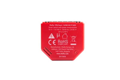 Módulo relé Shelly 1PM Gen4 4er Pack, vista trasera roja con especificaciones técnicas, certificaciones CE y RoHS, y datos Módulo relé Shelly 1PM Gen4 4er Pack, vista trasera roja con especificaciones técnicas, certificaciones CE y RoHS, y datos
