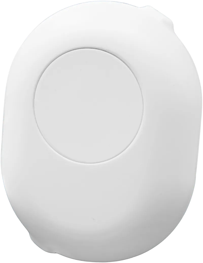 Shelly Button Add-on bianco, pulsante ovale con tasto centrale su sfondo nero per installazione sottotraccia.
