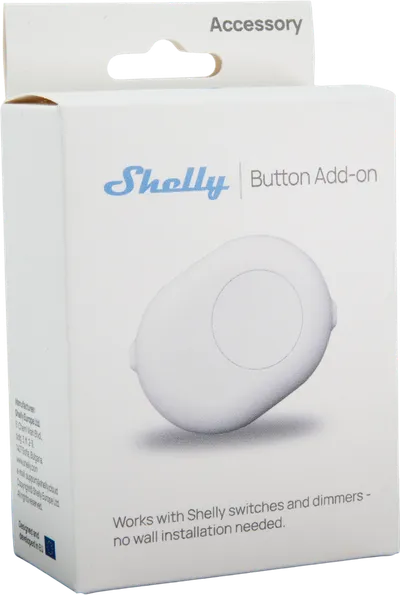 Shelly Button Add-on bianco, scatola con logo e render del pulsante wireless compatibile con interruttori Shelly senza Shelly Button Add-on bianco, scatola con logo e render del pulsante wireless compatibile con interruttori Shelly senza