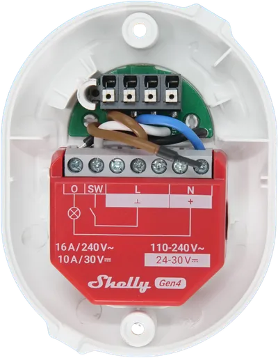Shelly Button Add-on bianco, modulo relè Gen4 rosso con cablaggio marrone, blu e bianco in scatola da incasso per Shelly Button Add-on bianco, modulo relè Gen4 rosso con cablaggio marrone, blu e bianco in scatola da incasso per