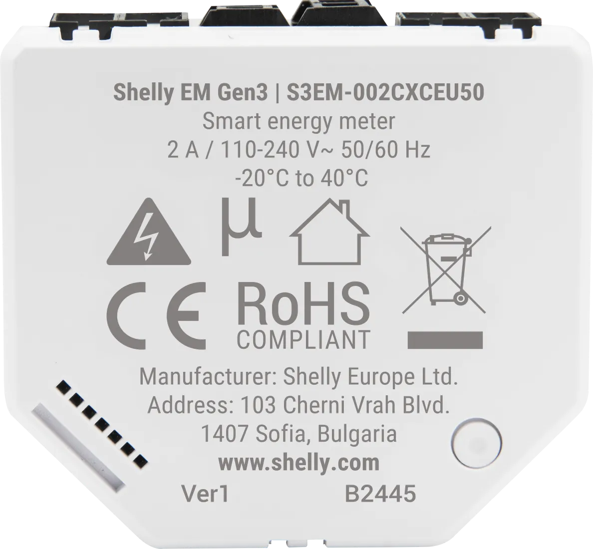 Shelly EM Gen3 smart energy meter rear view with CE and RoHS compliance markings for WLAN-enabled underwall installation.