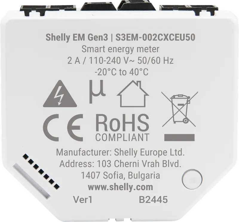 Shelly EM Gen3 smart energy meter rear view with CE and RoHS compliance markings for WLAN-enabled underwall installation.