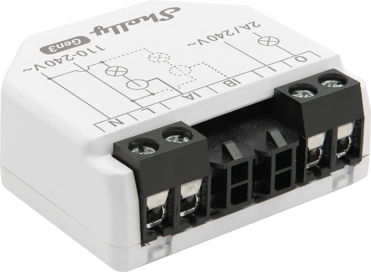 Shelly EM Gen3 under-mount energy meter with 50A clamp shown in white housing featuring wiring diagram and WLAN