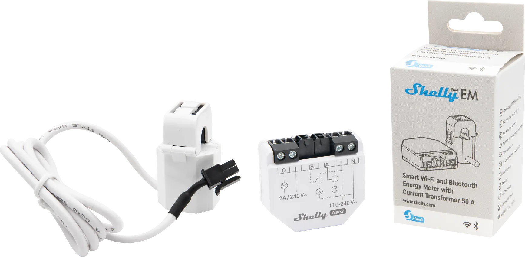 Shelly EM Gen3 smart energy meter with 50A clamp shown alongside white packaging for WLAN-enabled power monitoring.