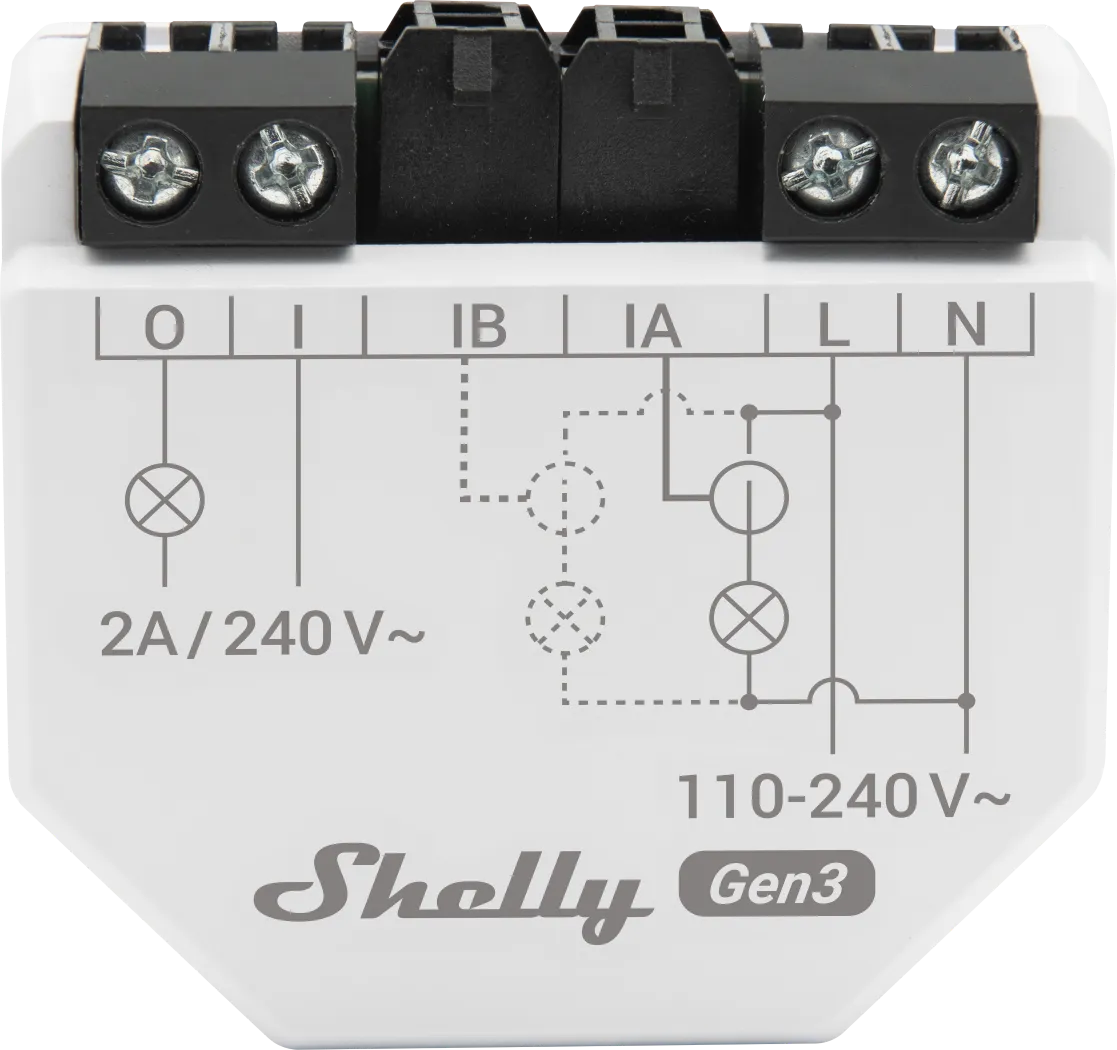 Shelly EM Gen3 smart energy meter with 50A clamp, showing wiring diagram on white casing for WiFi-enabled power monitoring