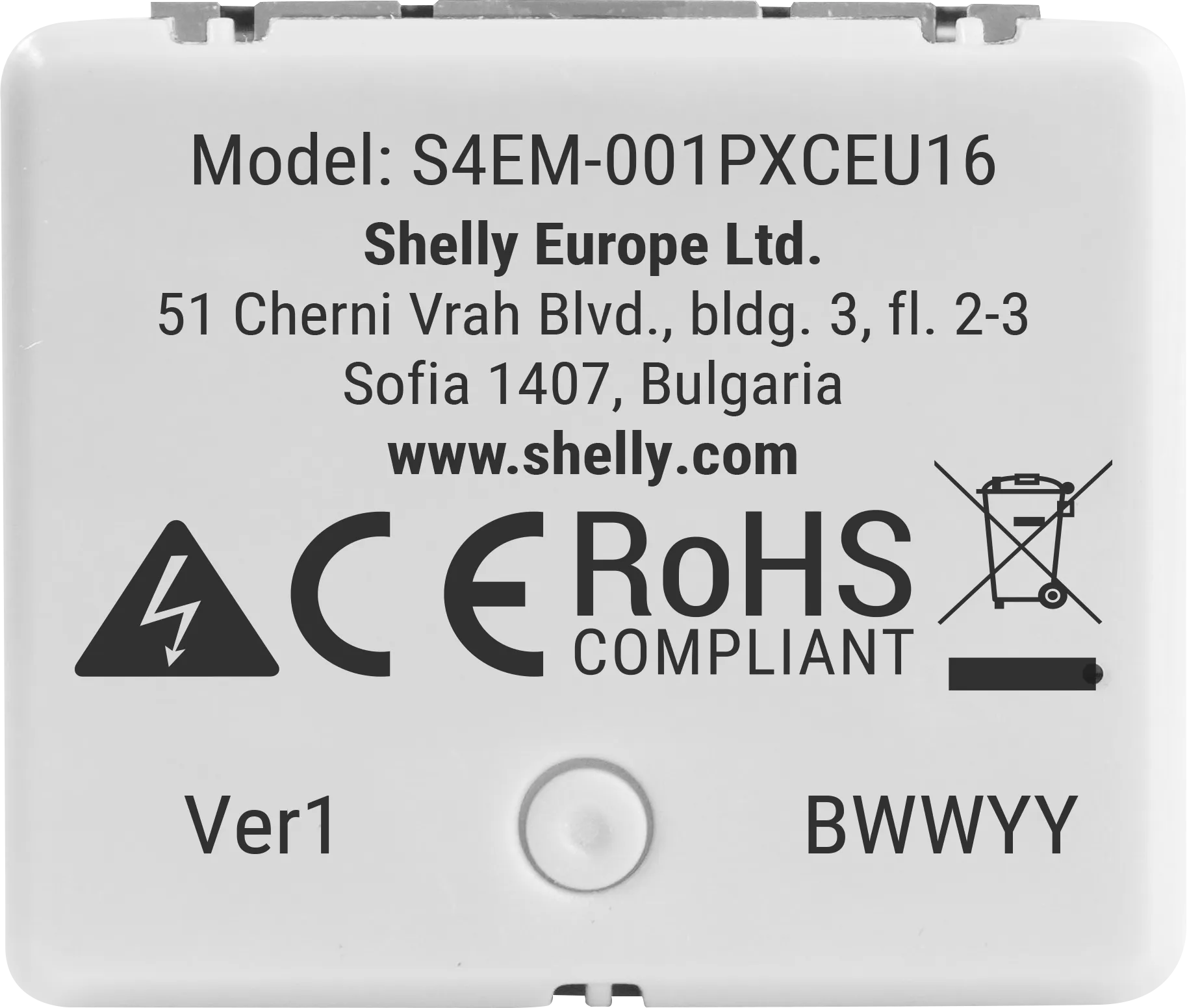 Shelly EM Mini Gen4 smart relay back view showing model S4EM-001PXCEU16, CE and RoHS compliance, and mounting clips for