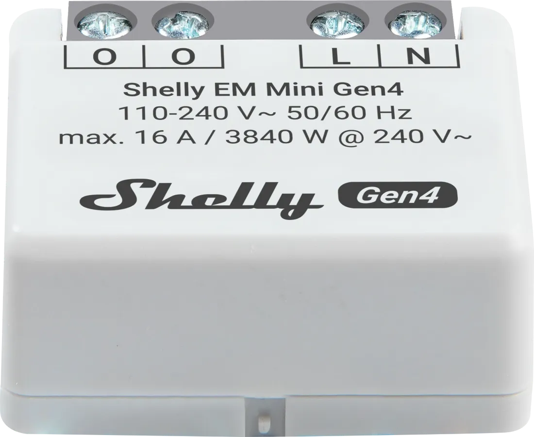 Shelly EM Mini Gen4 smart relay with four screw terminals labeled O O L N, white casing, and voltage specs for home