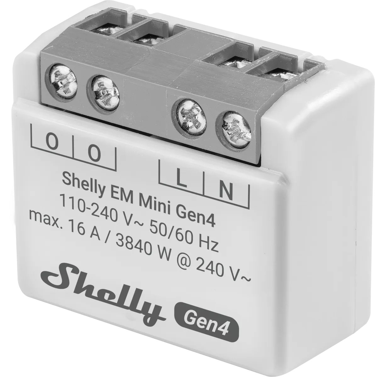 Shelly EM Mini Gen4 smart relay angled front view with grey terminal block, wiring labels, voltage specs, and Shelly Gen4