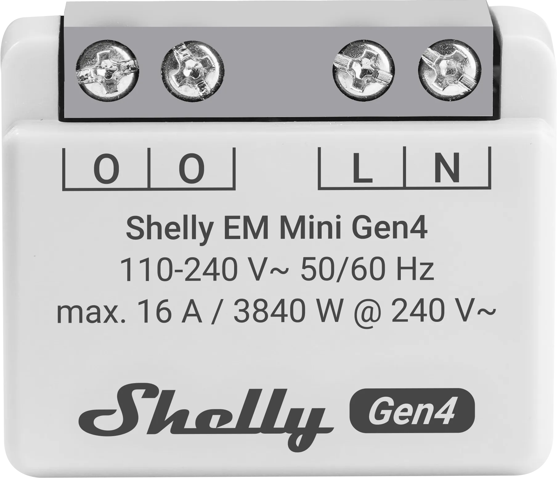 Shelly EM Mini Gen4 smart relay module with grey terminal block, screw terminals labeled O, O, L, N, and voltage specs on
