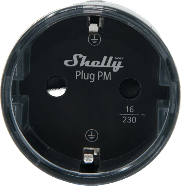 Shelly · Plug & Play "Plug PM Gen3 Black" · Smarter Energiezähler · Messfunktion · WLAN · BT · schwarz