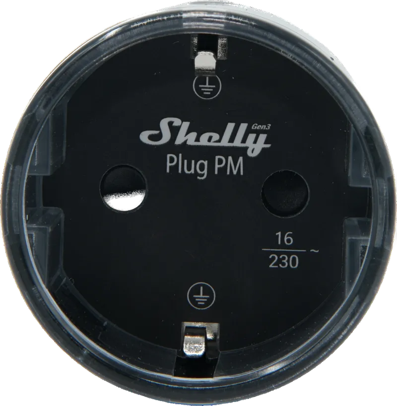 Shelly · Plug & Play "Plug PM Gen3 Black" · Smarter Energiezähler · Messfunktion · WLAN · BT · schwarz