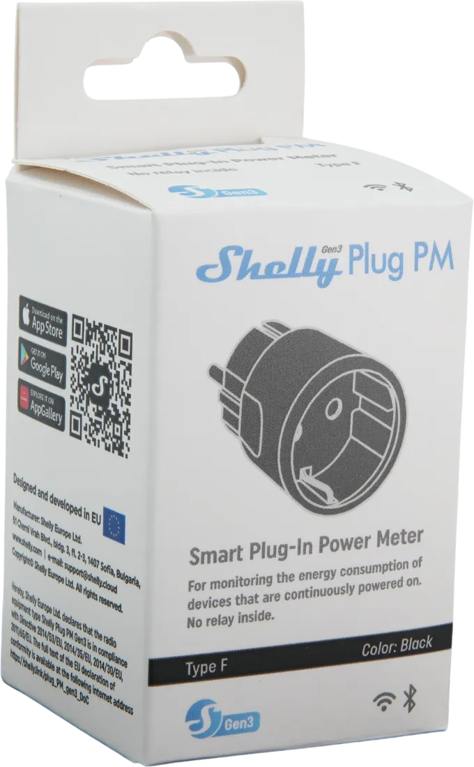 Shelly · Plug & Play "Plug PM Gen3 Black" · Smarter Energiezähler · Messfunktion · WLAN · BT · schwarz