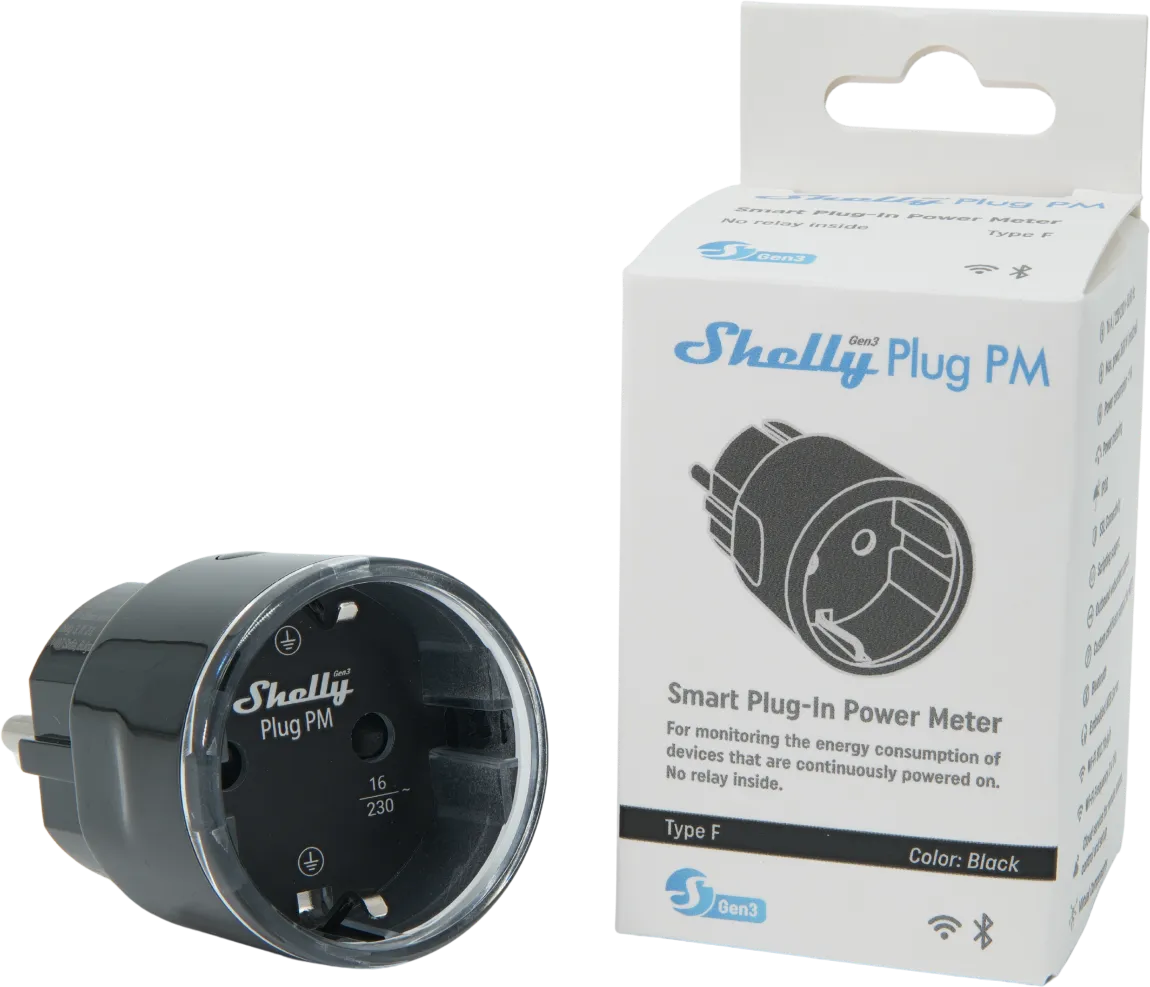 Shelly · Plug & Play "Plug PM Gen3 Black" · Smarter Energiezähler · Messfunktion · WLAN · BT · schwarz