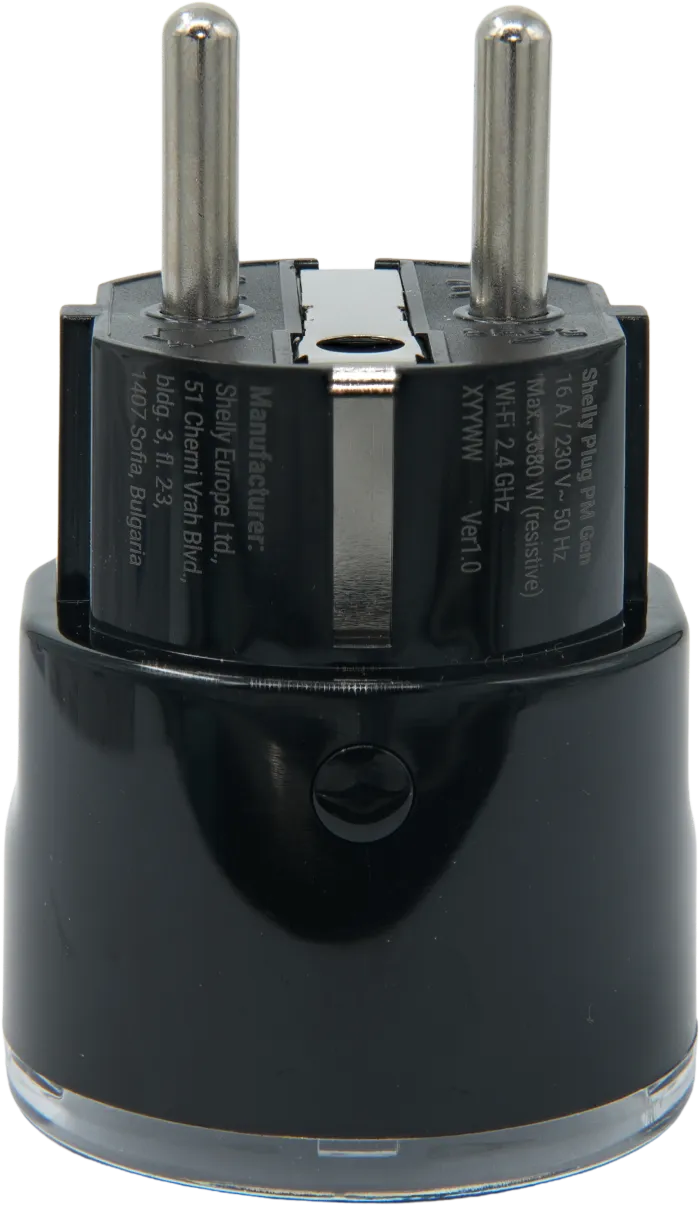 Shelly · Plug & Play "Plug PM Gen3 Black" · Smarter Energiezähler · Messfunktion · WLAN · BT · schwarz
