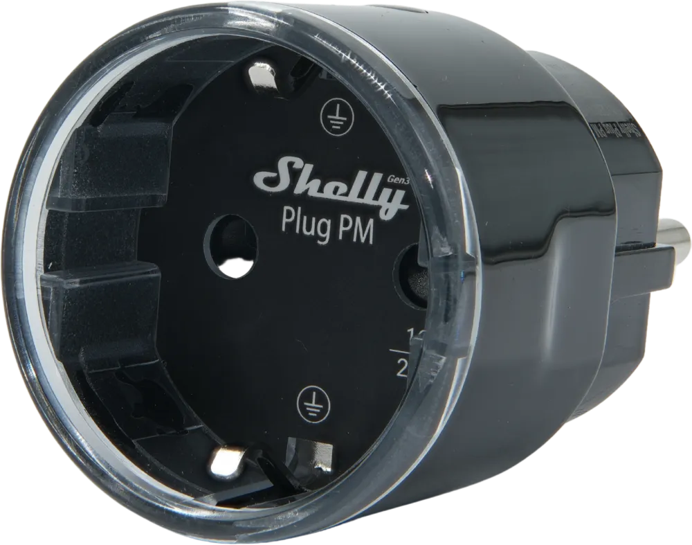 Shelly · Plug & Play "Plug PM Gen3 Black" · Smarter Energiezähler · Messfunktion · WLAN · BT · schwarz