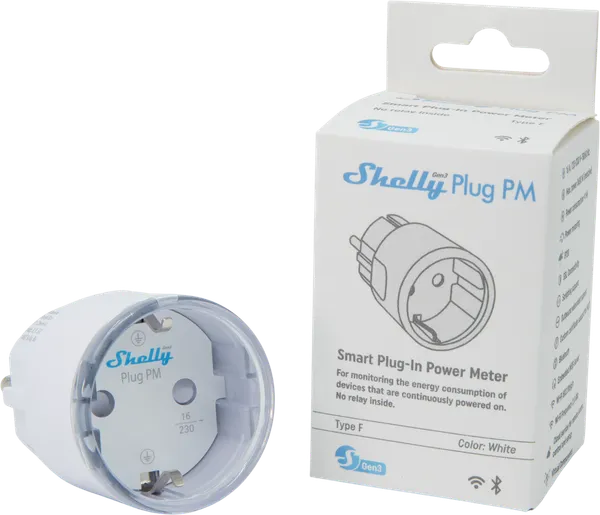 Shelly · Plug & Play "Plug PM Gen3 White" · Smarter Energiezähler · Messfunktion · WLAN · BT · weiß
