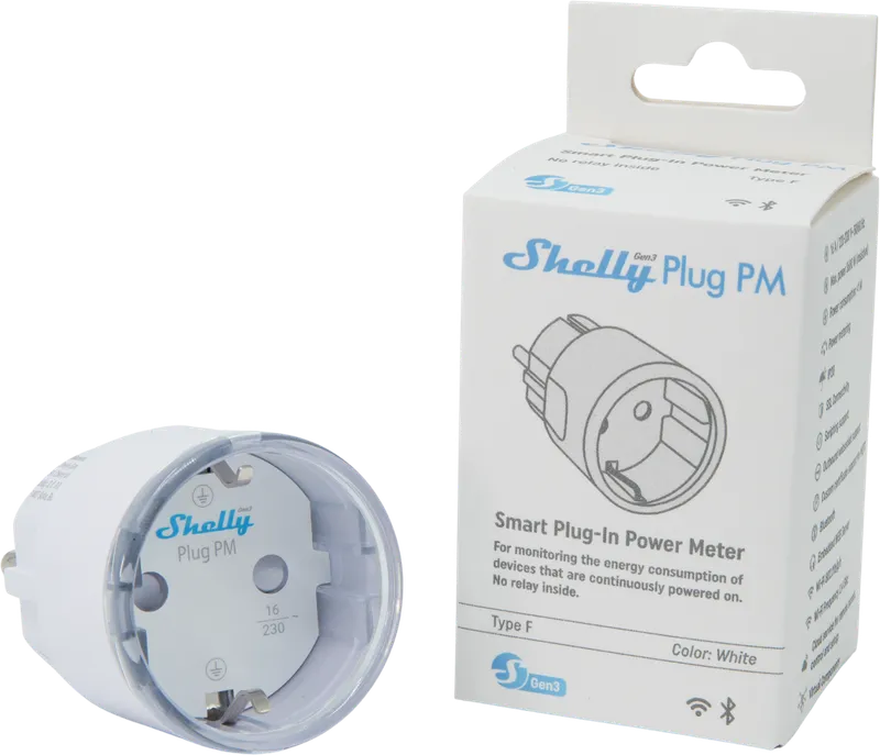 Shelly · Plug & Play "Plug PM Gen3 White" · Smarter Energiezähler · Messfunktion · WLAN · BT · weiß