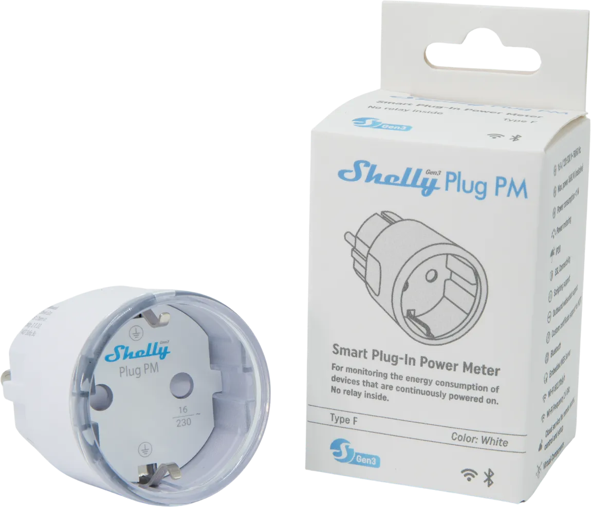 Shelly · Plug & Play "Plug PM Gen3 White" · Smarter Energiezähler · Messfunktion · WLAN · BT · weiß Shelly · Plug & Play "Plug PM Gen3 White" · Smarter Energiezähler · Messfunktion · WLAN · BT · weiß