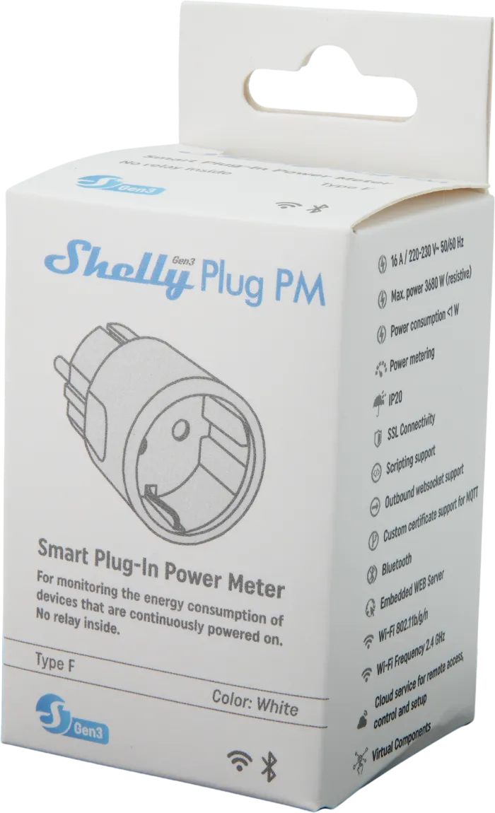 Shelly · Plug & Play "Plug PM Gen3 White" · Smarter Energiezähler · Messfunktion · WLAN · BT · weiß Shelly · Plug & Play "Plug PM Gen3 White" · Smarter Energiezähler · Messfunktion · WLAN · BT · weiß