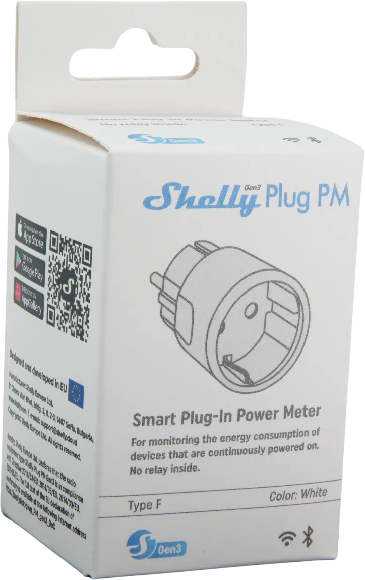 Shelly · Plug & Play "Plug PM Gen3 White" · Smarter Energiezähler · Messfunktion · WLAN · BT · weiß Shelly · Plug & Play "Plug PM Gen3 White" · Smarter Energiezähler · Messfunktion · WLAN · BT · weiß