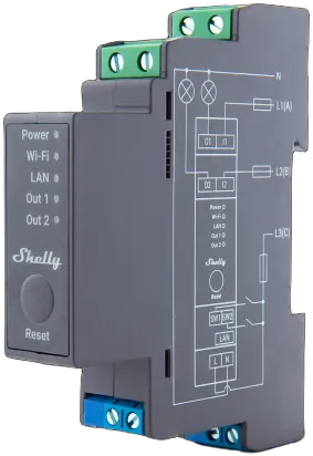 Shelly · Hutschiene · "Pro 2" · Relais · max. 25A · 2 Phasen · 2 Kanäle · WLAN · LAN · BT Shelly · Hutschiene · "Pro 2" · Relais · max. 25A · 2 Phasen · 2 Kanäle · WLAN · LAN · BT