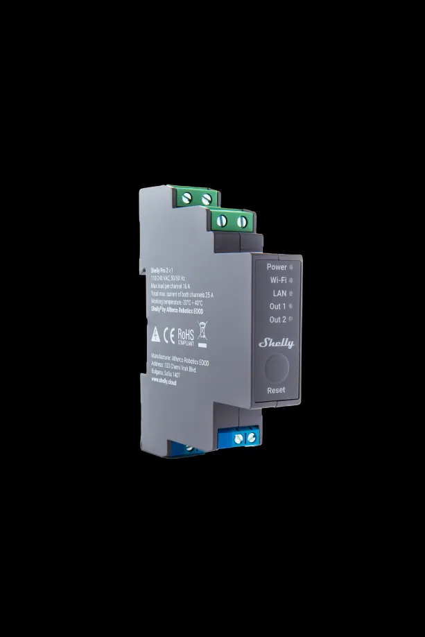 Shelly · Hutschiene · "Pro 2" · Relais · max. 25A · 2 Phasen · 2 Kanäle · WLAN · LAN · BT Shelly · Hutschiene · "Pro 2" · Relais · max. 25A · 2 Phasen · 2 Kanäle · WLAN · LAN · BT