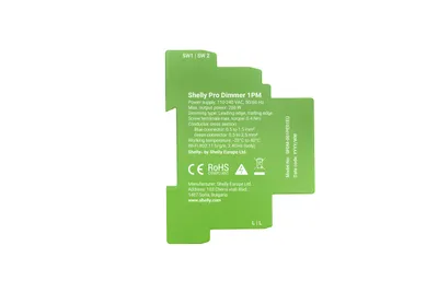 Módulo Shelly Pro Dimmer 1PM en carril DIN con detalles técnicos, logos CE y RoHS para control de LEDs y bombillas por WLAN