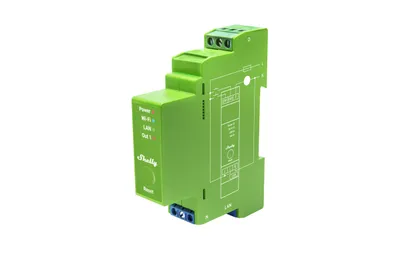 Módulo Shelly Pro Dimmer 1PM para riel DIN con terminales, LEDs de estado y conectividad Wi-Fi, LAN y BT para control de