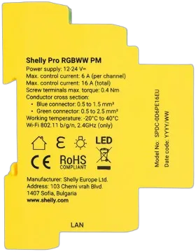 Shelly · Hutschiene · "Pro RGBWW PM" · LED Lichtcontroller · Messfunktion · WLAN · LAN · BT Shelly · Hutschiene · "Pro RGBWW PM" · LED Lichtcontroller · Messfunktion · WLAN · LAN · BT