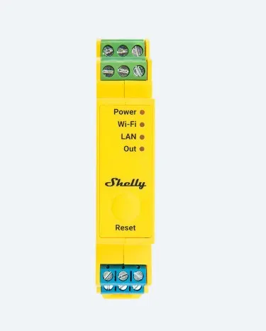 Controlador LED Shelly Pro RGBWW PM para carril DIN con terminales verdes y azules, indicadores de Power, Wi-Fi, LAN y Controlador LED Shelly Pro RGBWW PM para carril DIN con terminales verdes y azules, indicadores de Power, Wi-Fi, LAN y
