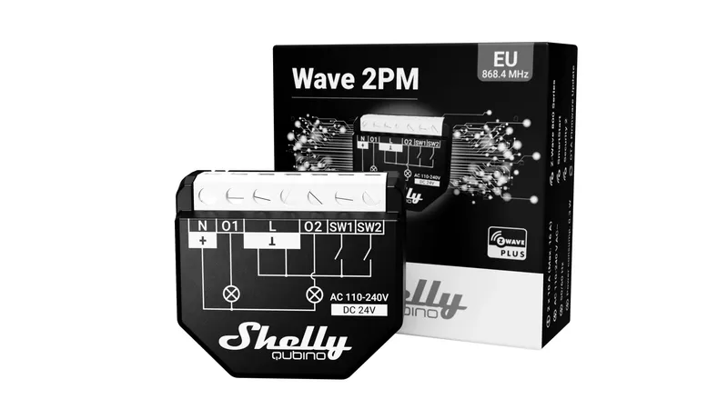 Shelly Wave 2PM Unterputz-Relais mit 2 Kanälen und Messfunktion vor Verpackung mit EU 868.4 MHz Frequenz und Anschlussplan.