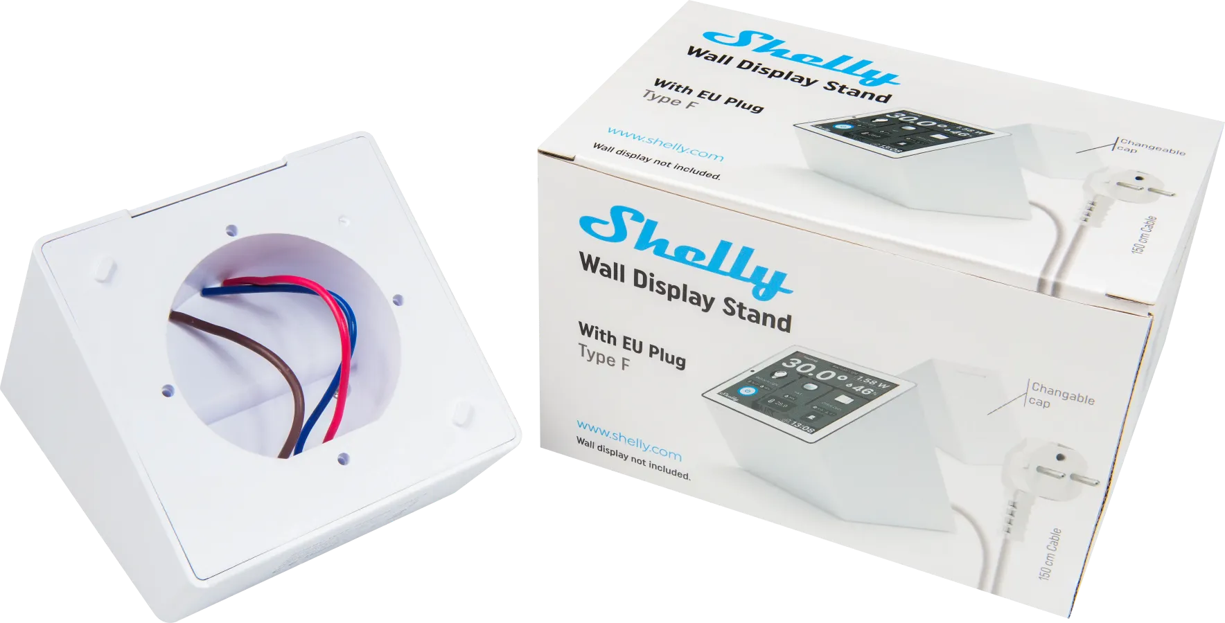 Soporte mural Shelly Wall Display Stand blanco en ángulo con cables marrón, azul y rojo en su interior y caja con enchufe Soporte mural Shelly Wall Display Stand blanco en ángulo con cables marrón, azul y rojo en su interior y caja con enchufe
