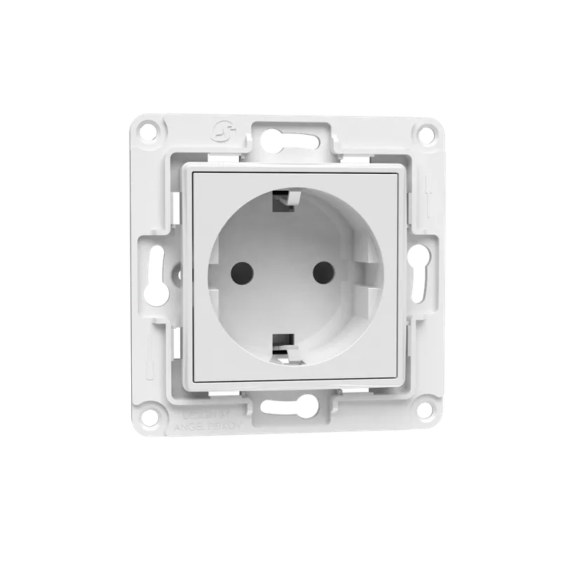 Shelly Wall Socket EU white recessed outlet with grounding clips in square installation frame for flush wall mounting.