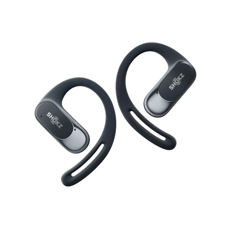 Беспроводные наушники SHOKZ OpenFit Air Black с костной проводимостью на белом фоне, показаны под углом с логотипом и
