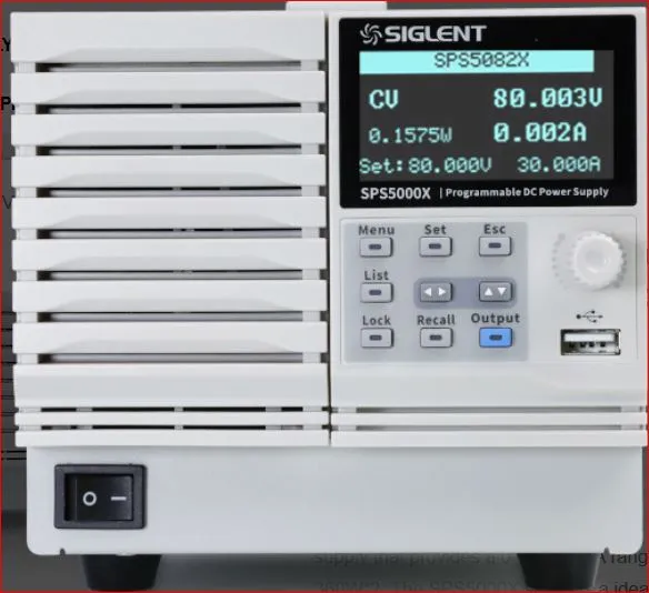 Siglent SPS5044X dual-channel DC lab power supply with digital display showing voltage and current, front panel controls,